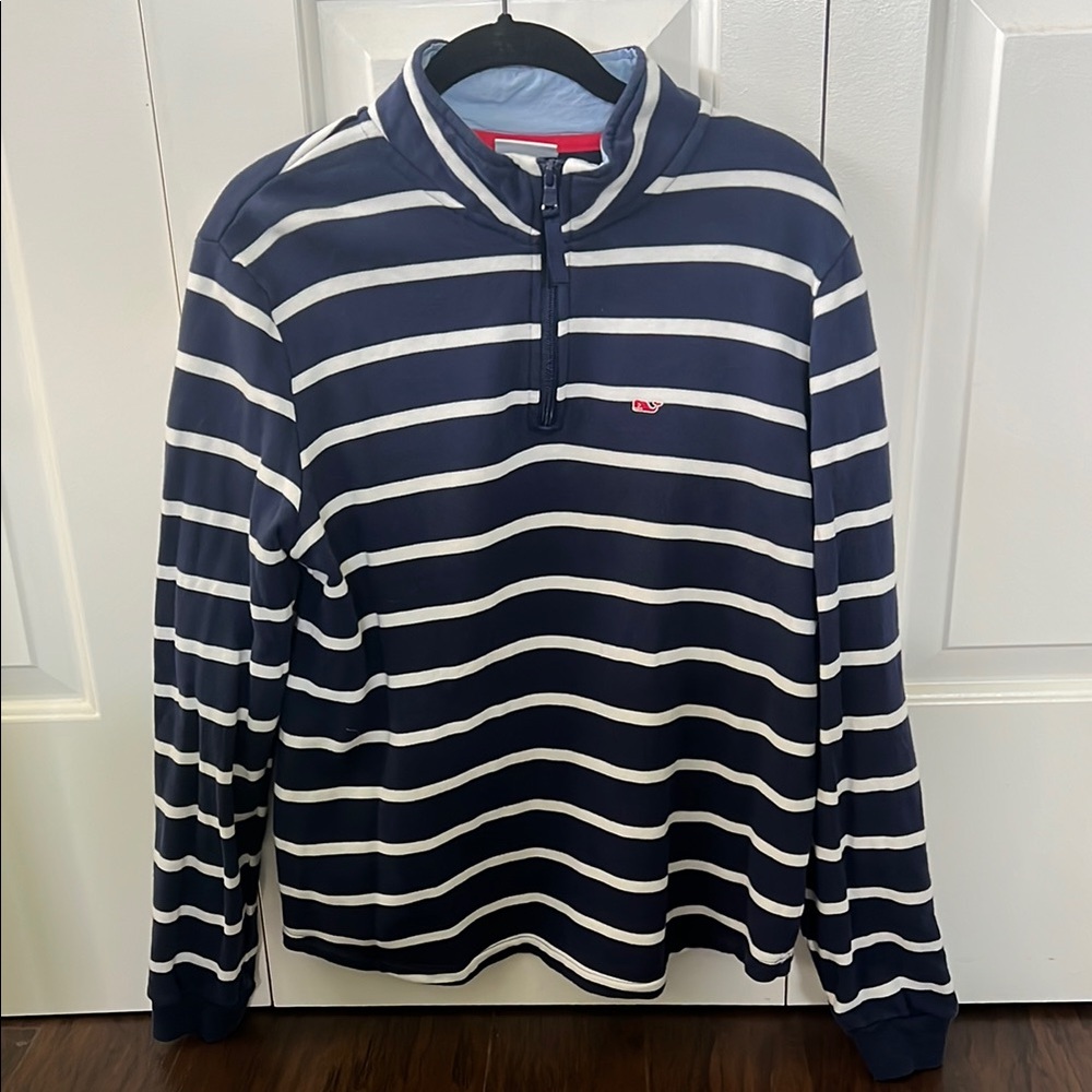 Vineyard Vines Navy and White Stripe Quarter Zip Pullover Medium